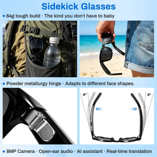 Alt view image 3 of 7 - Your First Smart Glasses Sidekick Glasses, 8MP HD Video Recording 410mAh Battery, Object Recognition & Real-Time Translation, Camera Glasses for Outdoor Activities for Women Men, Black