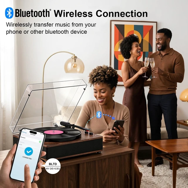 Alt view image 2 of 7 - Vinyl Record Player Bluetooth Turntable 3-Speed LP Player Full-Size Platter with Bluetooth Input, Built-in Speakers, Counterweight & Auto-Stop with RCA/AUX Out, Tan(No BT Transmission)