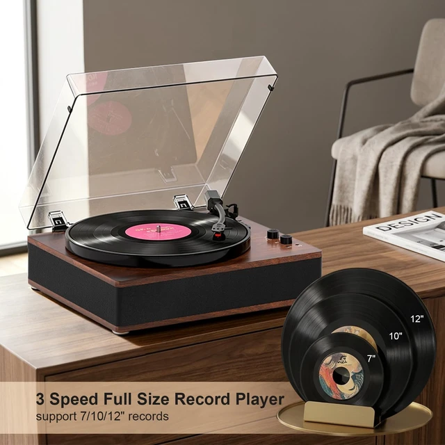 Alt view image 3 of 7 - Vinyl Record Player Bluetooth Turntable 3-Speed LP Player Full-Size Platter with Bluetooth Input, Built-in Speakers, Counterweight & Auto-Stop with RCA/AUX Out, Tan(No BT Transmission)