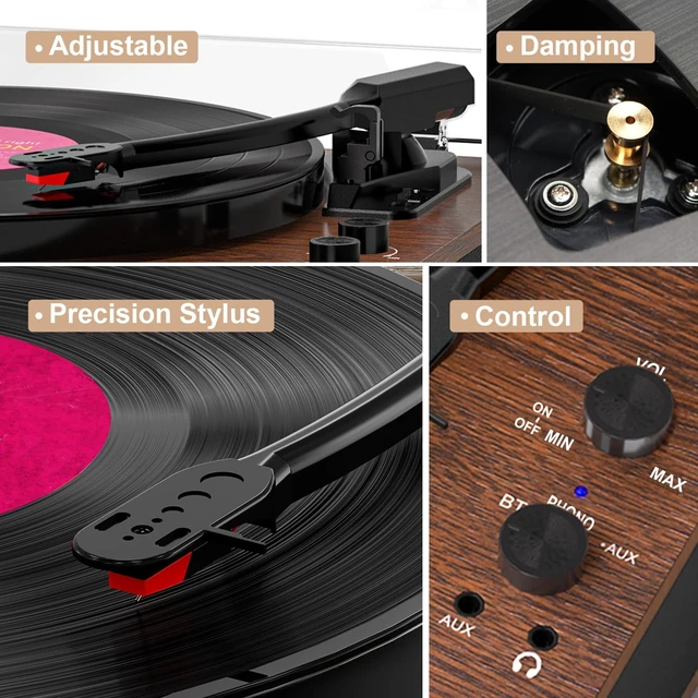 Alt view image 5 of 7 - Vinyl Record Player Bluetooth Turntable 3-Speed LP Player Full-Size Platter with Bluetooth Input, Built-in Speakers, Counterweight & Auto-Stop with RCA/AUX Out, Tan(No BT Transmission)