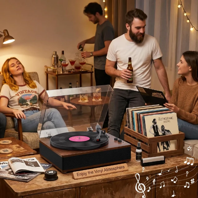 Alt view image 6 of 7 - Vinyl Record Player Bluetooth Turntable 3-Speed LP Player Full-Size Platter with Bluetooth Input, Built-in Speakers, Counterweight & Auto-Stop with RCA/AUX Out, Tan(No BT Transmission)