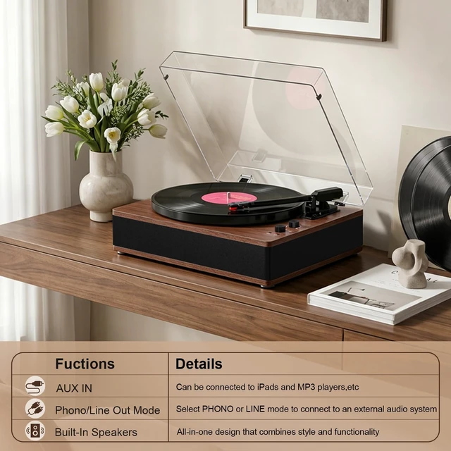 Alt view image 7 of 7 - Vinyl Record Player Bluetooth Turntable 3-Speed LP Player Full-Size Platter with Bluetooth Input, Built-in Speakers, Counterweight & Auto-Stop with RCA/AUX Out, Tan(No BT Transmission)