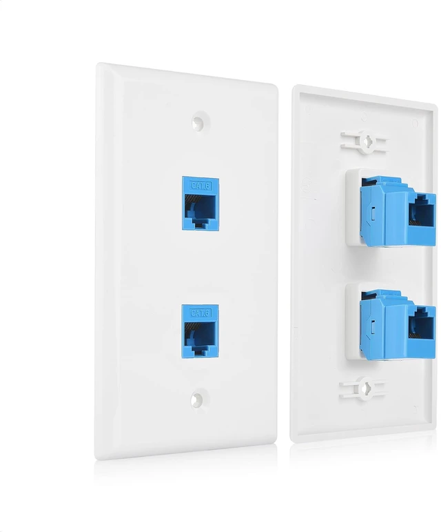 Main image of 2-Pack 2-Port Ethernet Wall Plate Cat6 with Blue Keystone 10Gbps, Blue RJ45 Keystone Jack, White Wall Plate, Cat5e Ethernet Outlet