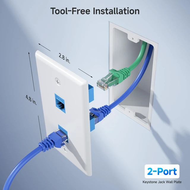 Alt view image 3 of 7 - 2-Pack 2-Port Ethernet Wall Plate Cat6 with Blue Keystone 10Gbps, Blue RJ45 Keystone Jack, White Wall Plate, Cat5e Ethernet Outlet