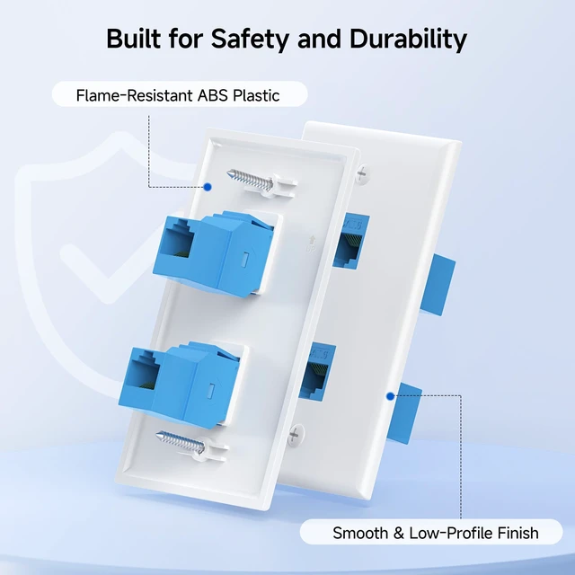 Alt view image 6 of 7 - 2-Pack 2-Port Ethernet Wall Plate Cat6 with Blue Keystone 10Gbps, Blue RJ45 Keystone Jack, White Wall Plate, Cat5e Ethernet Outlet