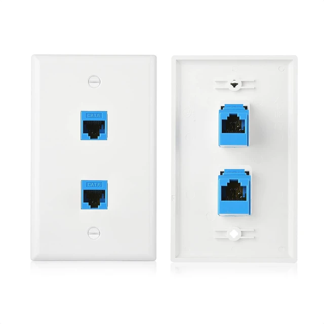 Alt view image 7 of 7 - 2-Pack 2-Port Ethernet Wall Plate Cat6 with Blue Keystone 10Gbps, Blue RJ45 Keystone Jack, White Wall Plate, Cat5e Ethernet Outlet