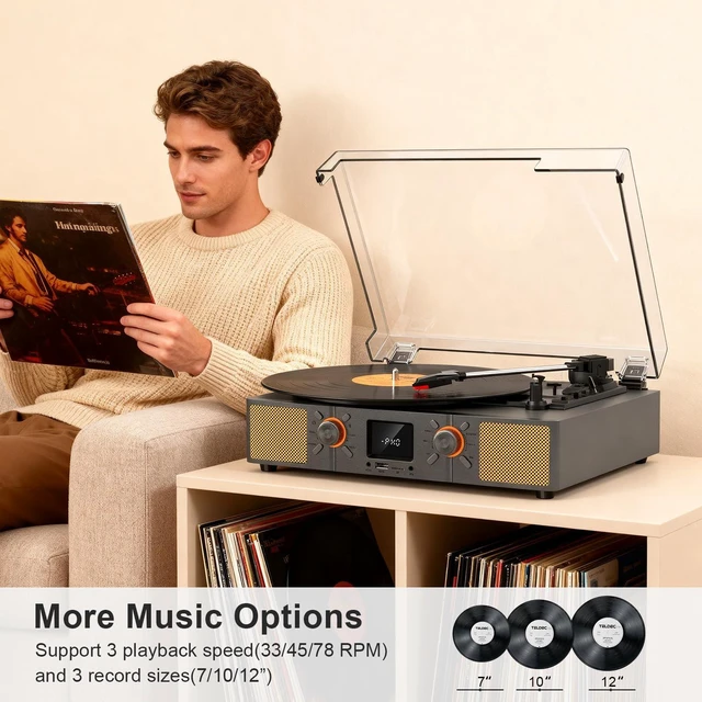 Alt view image 2 of 7 - Vinyl Record Player with Speakers, Bluetooth, USB Recording 3-Speed Turntable, FM Radio, LED Display, TF Card Playback, AUX Input, RCA Output, Headphone Jack, Auto Stop, Retro Design