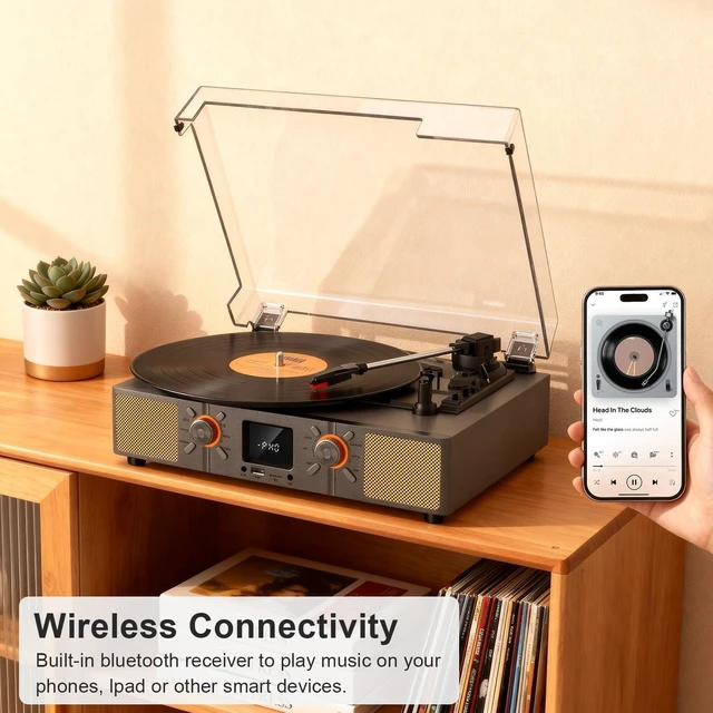 Alt view image 3 of 7 - Vinyl Record Player with Speakers, Bluetooth, USB Recording 3-Speed Turntable, FM Radio, LED Display, TF Card Playback, AUX Input, RCA Output, Headphone Jack, Auto Stop, Retro Design