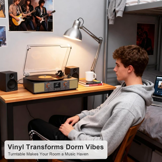 Alt view image 4 of 7 - Vinyl Record Player with Speakers, Bluetooth, USB Recording 3-Speed Turntable, FM Radio, LED Display, TF Card Playback, AUX Input, RCA Output, Headphone Jack, Auto Stop, Retro Design