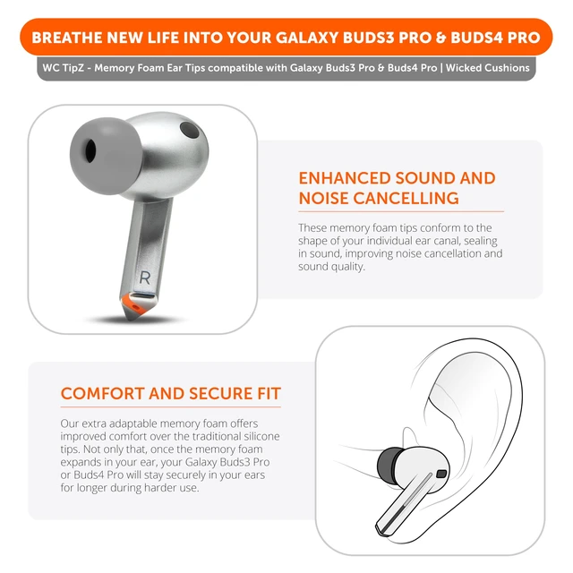 Alt view image 3 of 7 - TipZ Galaxy - Memory Foam Ear Tips for Samsung Galaxy Buds Pro 3 & Pro 4 Made by Wicked Cushions Improved Comfort, Tighter Seal & Better Foam Rebound Time Grey