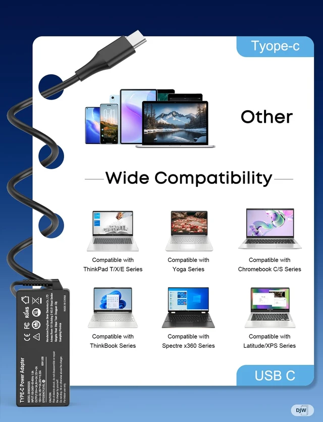 Alt view image 7 of 7 - 65W USB C Laptop Charger Compatible with Lenovo ThinkPad X1 X13 T14 T15 E14 E15 T480s T490 E480 Yoga 7i 9i Thinkbook 13s 14 15 16 Yoga C930 C940 720 Chromebook Charger