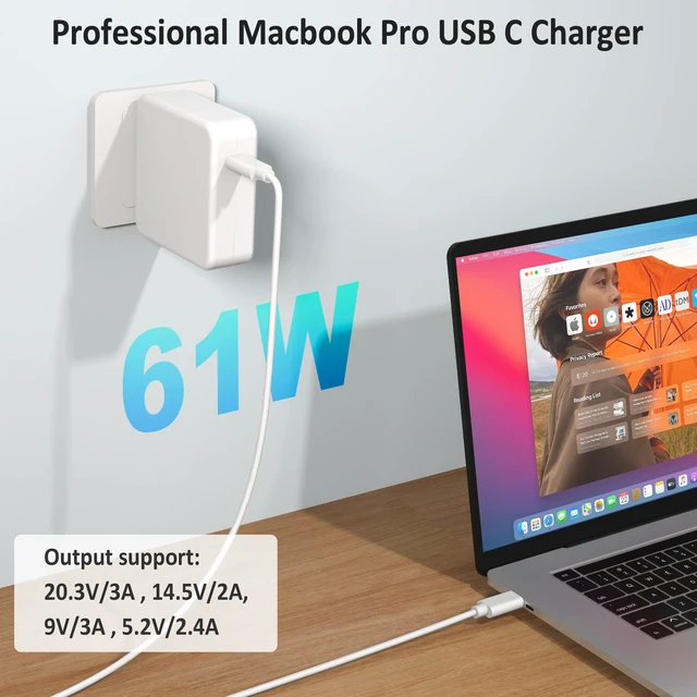 Alt view image 2 of 6 - 61W USB C Charger Power Adapter Compatible with MacBook Pro 13 Inch/12 Inch,2021, 2020, 2019, 2018, 2017, 2016 for Mac Book,MacBook Air 13/12 Inch,Type C Power Cord Supply