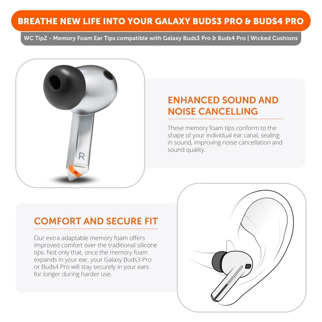 Alt view image 3 of 7 - TipZ Galaxy - Memory Foam Ear Tips for Samsung Galaxy Buds Pro 3 & Pro 4 Made by Wicked Cushions Improved Comfort, Tighter Seal & Better Foam Rebound Time Black