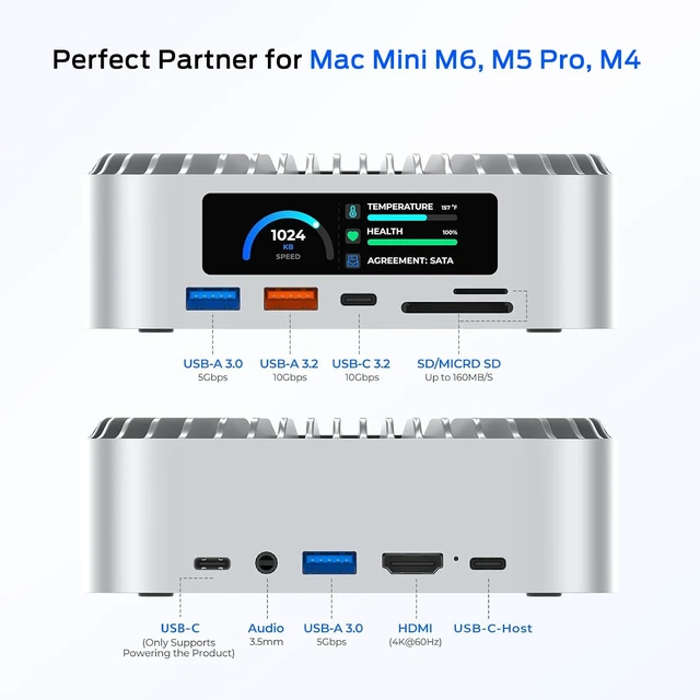 Alt view image 2 of 7 - All-in-One Dock for Mac mini M6, M5 Pro, M4 with Smart Displays, NVMe/SATA SSD Enclosure, 4K60Hz HDMI, 10G USB-A/C, 5G USB-A*2, USB-C Charging, SD/TF, Audio Mac mini M4 HUB &Docking Station