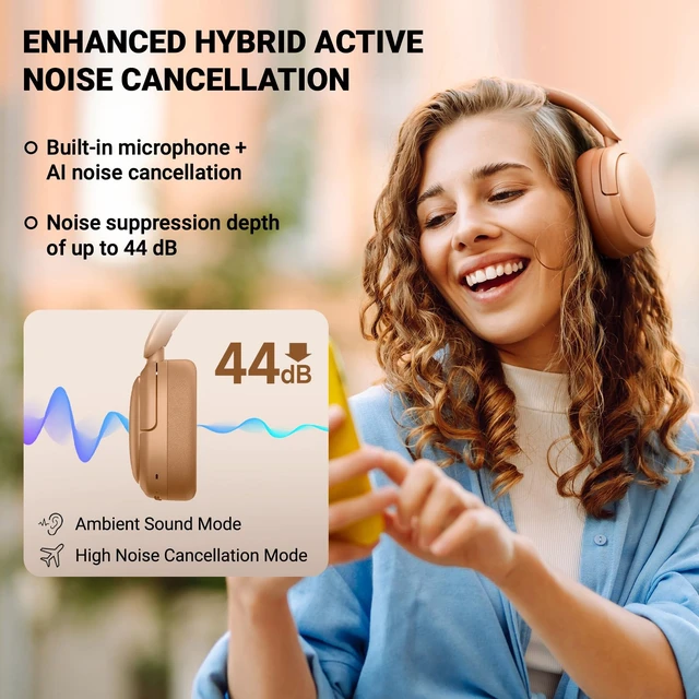 Alt view image 2 of 7 - V80 Hybrid Active Noise Cancelling Headphones, True Wireless Over Ear Bluetooth Headset with 45H Playtime Hi-Res Audio Fast Charging Multipoint Connection for Travel Home Office (Brown)
