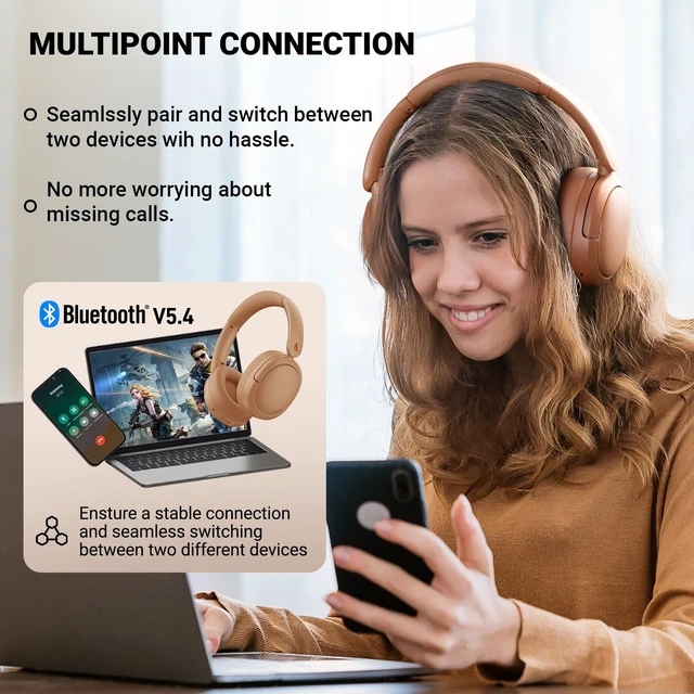 Alt view image 4 of 7 - V80 Hybrid Active Noise Cancelling Headphones, True Wireless Over Ear Bluetooth Headset with 45H Playtime Hi-Res Audio Fast Charging Multipoint Connection for Travel Home Office (Brown)