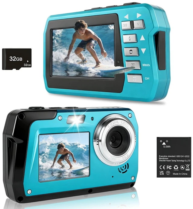 Main image of Underwater Camera 4K 48MP, Dual-Screen Waterproof Digital Camera, 10.83FT Dive for Swimming Travel, 16X Zoom Fill Light, 32GB Card, Blue