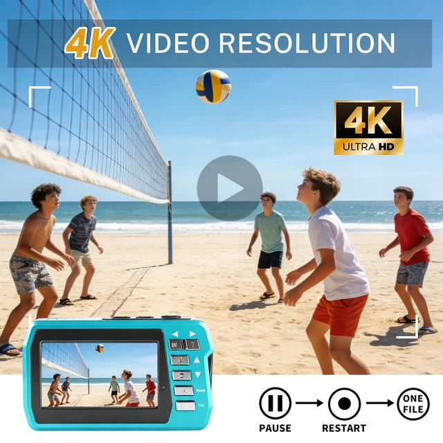 Alt view image 2 of 7 - Underwater Camera 4K 48MP, Dual-Screen Waterproof Digital Camera, 10.83FT Dive for Swimming Travel, 16X Zoom Fill Light, 32GB Card, Blue
