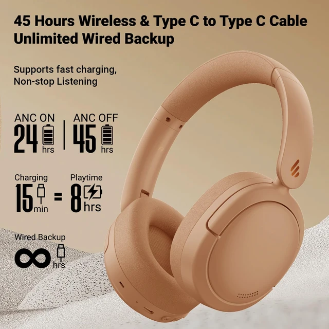Alt view image 5 of 7 - V80 Hybrid Active Noise Cancelling Headphones, True Wireless Over Ear Bluetooth Headset with 45H Playtime Hi-Res Audio Fast Charging Multipoint Connection for Travel Home Office (Brown)