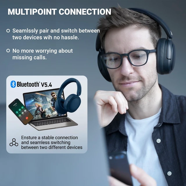 Alt view image 5 of 7 - V80 Hybrid Active Noise Cancelling Headphones, True Wireless Over Ear Bluetooth Headset with 45H Playtime Hi-Res Audio Fast Charging Multipoint Connection for Travel Home Office (Navy)