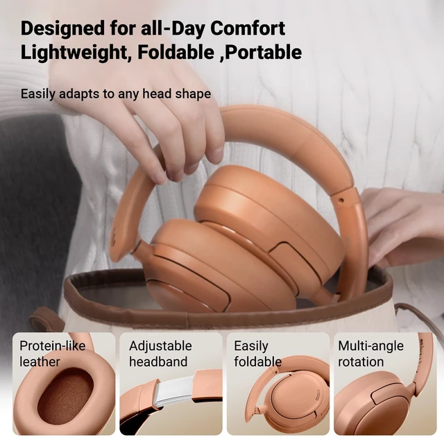 Alt view image 6 of 7 - V80 Hybrid Active Noise Cancelling Headphones, True Wireless Over Ear Bluetooth Headset with 45H Playtime Hi-Res Audio Fast Charging Multipoint Connection for Travel Home Office (Brown)