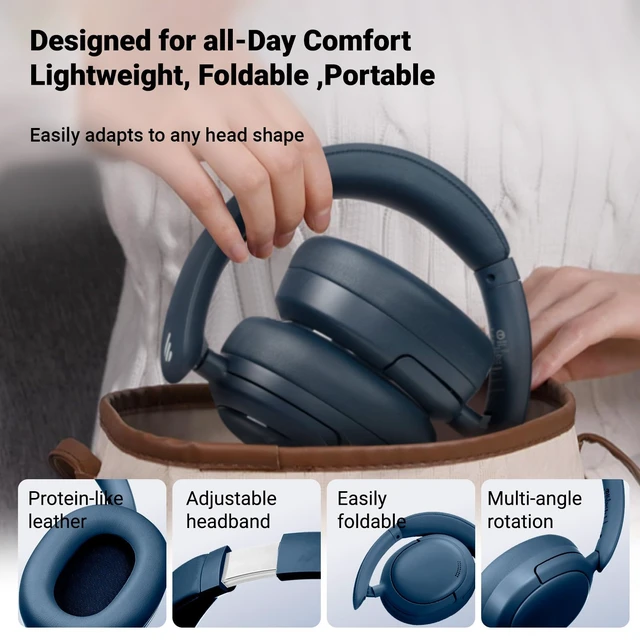 Alt view image 6 of 7 - V80 Hybrid Active Noise Cancelling Headphones, True Wireless Over Ear Bluetooth Headset with 45H Playtime Hi-Res Audio Fast Charging Multipoint Connection for Travel Home Office (Navy)