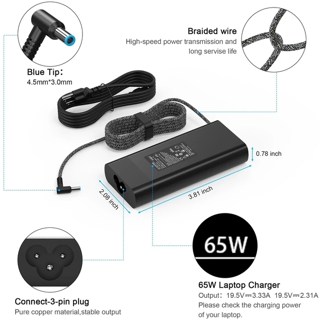 Alt view image 2 of 7 - 65W Laptop Charger 19.5V 3.33A Compatible with HP Envy,Spectre x360,EliteBook Pavilion Stream X360,ProBook 11 450 650 640 G1 G2 G3 G4 G5 G6 G7 Blue Tip 4.5 * 3.0mm Power Supply Cord