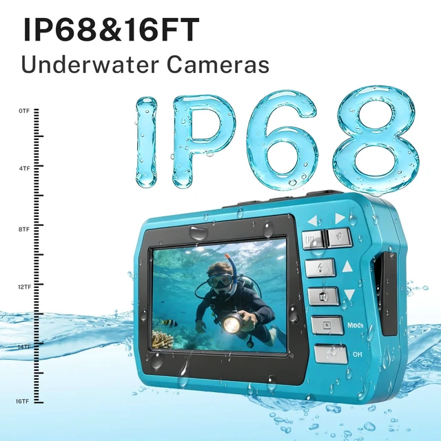 Alt view image 4 of 7 - Underwater Camera 4K 48MP, Dual-Screen Waterproof Digital Camera, 10.83FT Dive for Swimming Travel, 16X Zoom Fill Light, 32GB Card, Blue