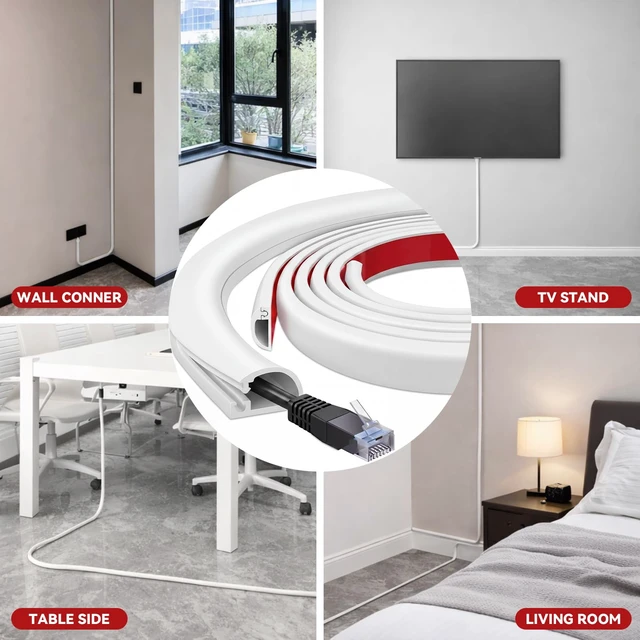 Alt view image 6 of 6 - 2 Pcs Silicone Wall Wire Hider Flexible Cord Hider,White,Small-20 ft Electric Cord Cover, Self-adhesive, Cable Hider for Wall, Floor, Side Open Wire Covers, for Mounted TV Home Office Management