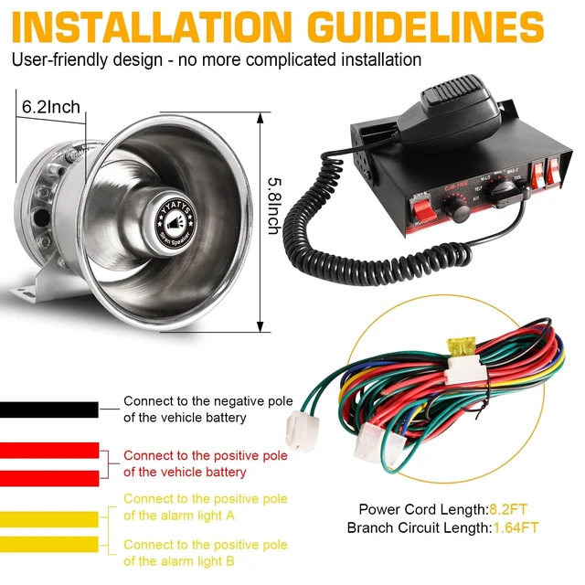 Alt view image 6 of 7 - 8Tones 200W Emergency Siren with PA - IP67 Waterproof Police/Fire Truck Siren, Yelp/Wail/Hi-Lo Modes, Includes Mic & Speaker for Vehicle PA System 12 Volt Siren Car Alarm Siren