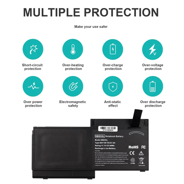 Alt view image 5 of 7 - 46Wh SB03XL Battery for HP Elitebook 720 725 G2 820 G1 G2 716726-421 717378-001 HSTNN-LB4T HSTNN-I13C