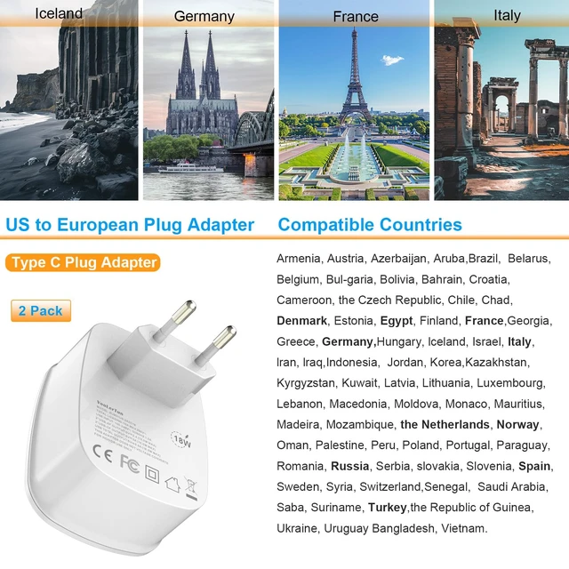 Alt view image 2 of 7 - European Plug Adapter Type C International Power Adaptor Travel Cruise Essentials with USB Outlet 2 Pack, European to US Plug Adapter Converter Charger Block Multiple Ports