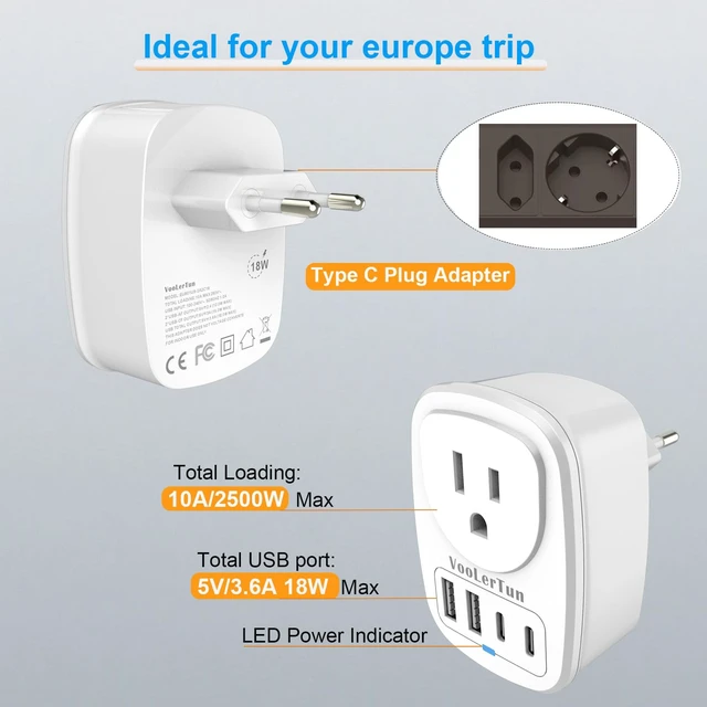 Alt view image 3 of 7 - European Plug Adapter Type C International Power Adaptor Travel Cruise Essentials with USB Outlet 2 Pack, European to US Plug Adapter Converter Charger Block Multiple Ports