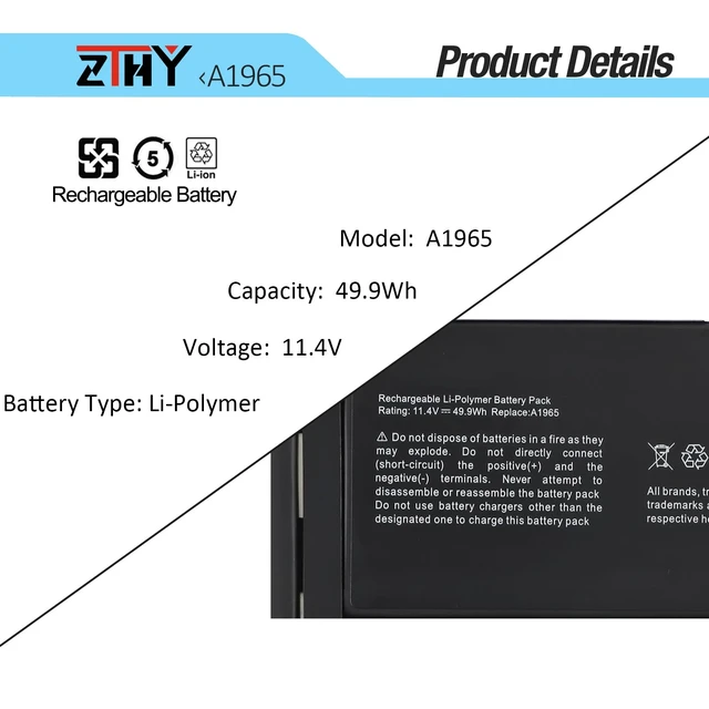 Alt view image 3 of 7 - A1965 A1932 A2179 Battery Replacement for MacBook Air 13 A1932 A2179 Laptop Model A1932 (2018 2019) A2179 (2020) Battery EMC 3184 3302 MacBookAir8,1 8,2 9,1 MRE82LL/A MRE92LL/A MVFH2LL/A 11.4V 49.9Wh
