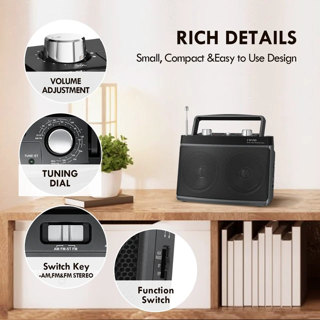 Alt view image 5 of 7 - Portable AM FM Bluetooth Radio Plug in Wall or Battery Powered Strong Reception, Stereo Sound, Easy To Use, Headphone Jack, Aux In, Gifts For Seniors