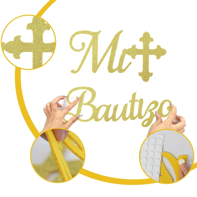 Alt view image 6 of 7 - Mi Bautizo Sign for Backdrop - Glitter Gold Felt Mi Bautizo Baby Baptism Religious Decal Decorations Comuniòn Party Backdrop Sign, God Bless First Holy Communion Party Wall Decor
