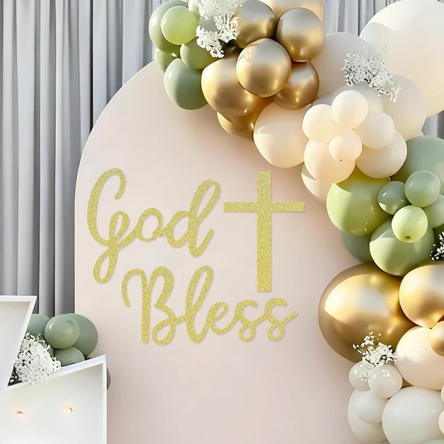 Main image of God Bless Sign for Baptism Backdrop, Baptism Sign, Glitter Gold God Bless Banner for Baptism Party, Baptism Felt Stickers for Baby Shower, First Communion Confirmation