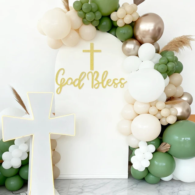 Alt view image 2 of 7 - God Bless Sign for Baptism Backdrop, Baptism Sign, Glitter Gold God Bless Banner for Baptism Party, Baptism Felt Stickers for Baby Shower, First Communion Confirmation