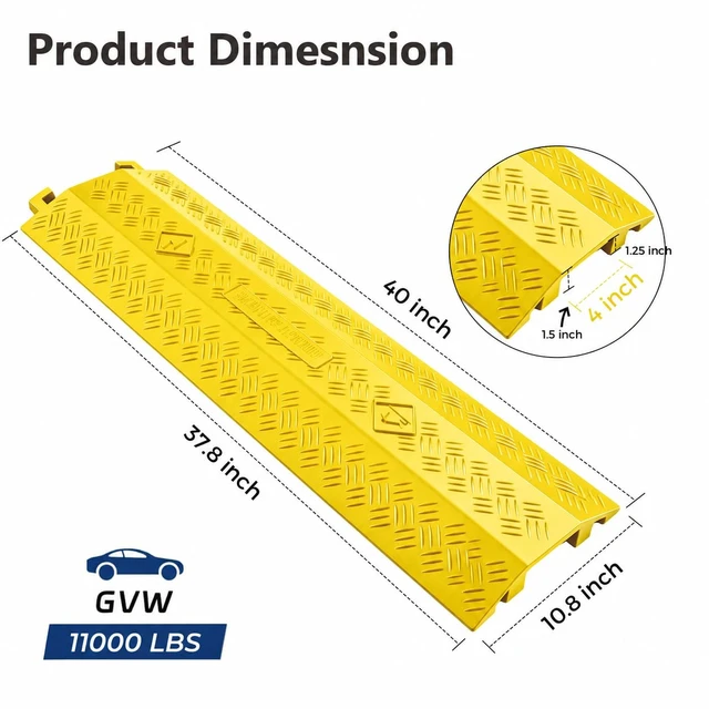 Alt view image 2 of 7 - 2 Pack 40" Yellow Cable Protector Ramp, Heavy Duty Cord Cover 11000 lbs High Visibility Floor Cable Cover with 4" Wide Channel for Driveway, Sidewalk, Garage, Warehouse & Events
