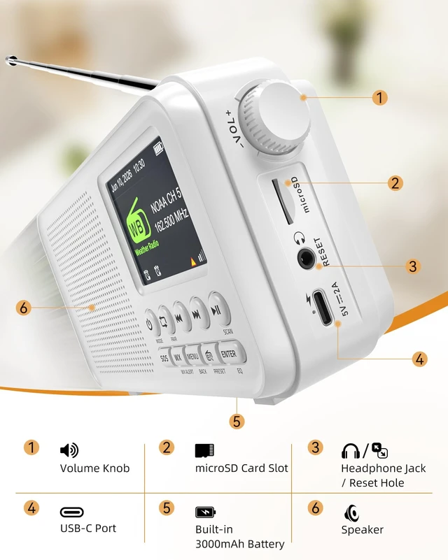 Alt view image 2 of 7 - Portable FM Radio with Bluetooth, NOAA Alert & Rechargeable Battery Auto Scan, 40 Presets, 8W Sound, 2.4" Color Display, USB-C Charging, microSD Playback, Dual Alarms, Sleep Timer, 6 EQ Modes