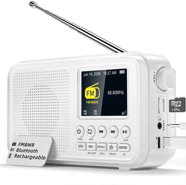 Main image of Portable FM Radio with Bluetooth, NOAA Alert & Rechargeable Battery Auto Scan, 40 Presets, 8W Sound, 2.4" Color Display, USB-C Charging, microSD Playback, Dual Alarms, Sleep Timer, 6 EQ Modes
