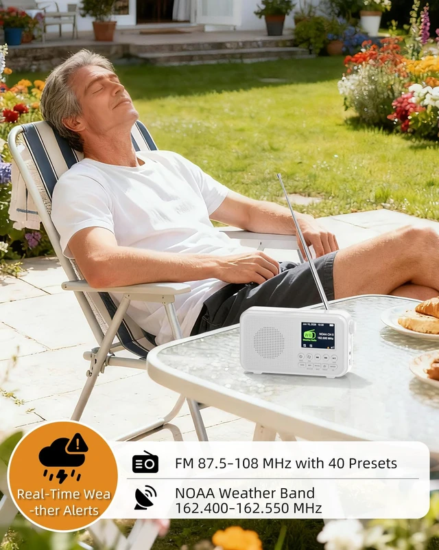 Alt view image 3 of 7 - Portable FM Radio with Bluetooth, NOAA Alert & Rechargeable Battery Auto Scan, 40 Presets, 8W Sound, 2.4" Color Display, USB-C Charging, microSD Playback, Dual Alarms, Sleep Timer, 6 EQ Modes