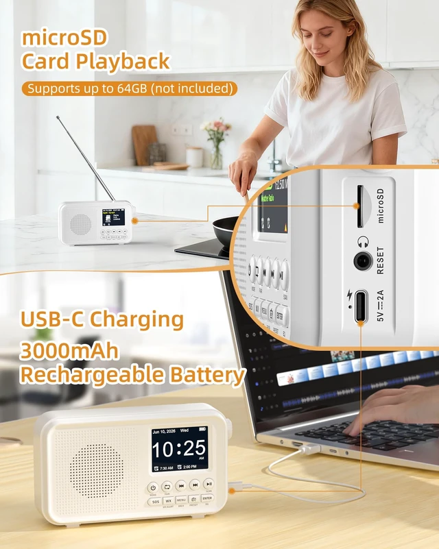 Alt view image 6 of 7 - Portable FM Radio with Bluetooth, NOAA Alert & Rechargeable Battery Auto Scan, 40 Presets, 8W Sound, 2.4" Color Display, USB-C Charging, microSD Playback, Dual Alarms, Sleep Timer, 6 EQ Modes