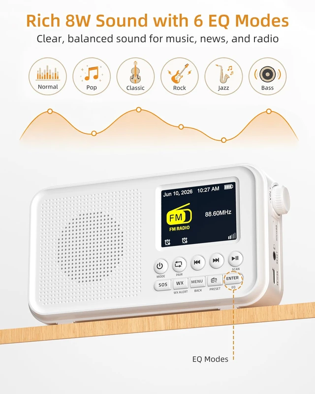 Alt view image 4 of 7 - Portable FM Radio with Bluetooth, NOAA Alert & Rechargeable Battery Auto Scan, 40 Presets, 8W Sound, 2.4" Color Display, USB-C Charging, microSD Playback, Dual Alarms, Sleep Timer, 6 EQ Modes
