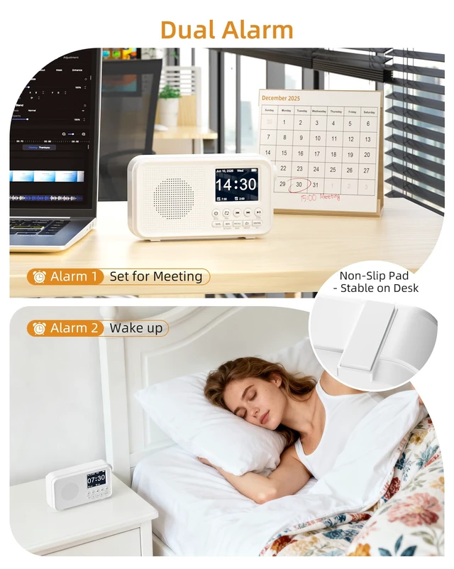 Alt view image 7 of 7 - Portable FM Radio with Bluetooth, NOAA Alert & Rechargeable Battery Auto Scan, 40 Presets, 8W Sound, 2.4" Color Display, USB-C Charging, microSD Playback, Dual Alarms, Sleep Timer, 6 EQ Modes