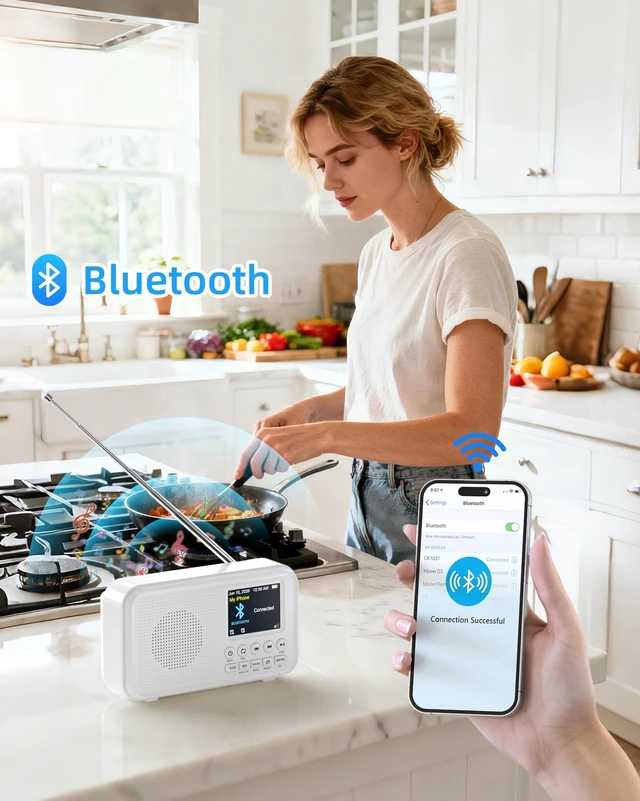 Alt view image 5 of 7 - Portable FM Radio with Bluetooth, NOAA Alert & Rechargeable Battery Auto Scan, 40 Presets, 8W Sound, 2.4" Color Display, USB-C Charging, microSD Playback, Dual Alarms, Sleep Timer, 6 EQ Modes