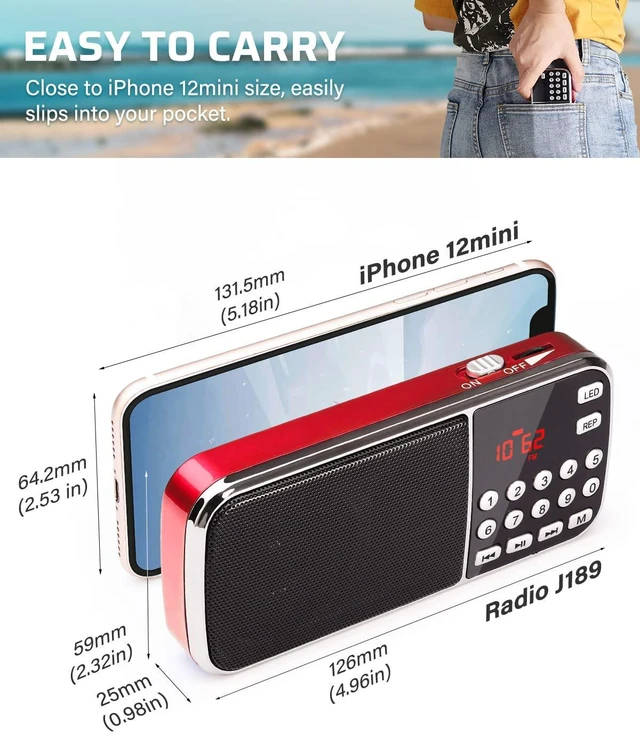 Alt view image 2 of 6 - J189 Mini Bluetooth AM FM Radio, TF Card/USB/AUX Playback with Bass Rechargeable, LED Flashlight, Dual Speaker Heavy Bass, Pocket Size, Battery Operated Small Radio, Small Portable Radios