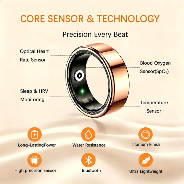 Alt view image 2 of 7 - Smart Ring for Women & Men, Health and Sleep Tracker Ring with Heart Rate, Blood Oxygen,Blood Pressure, Waterproof Fitness Ring, Free APP for iOS Android