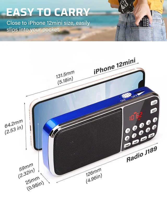Alt view image 2 of 6 - J189 Mini Bluetooth AM FM Radio, TF Card/USB/AUX Playback with Bass Rechargeable, LED Flashlight, Dual Speaker Heavy Bass, Pocket Size, Battery Operated Small Radio, Small Portable Radios