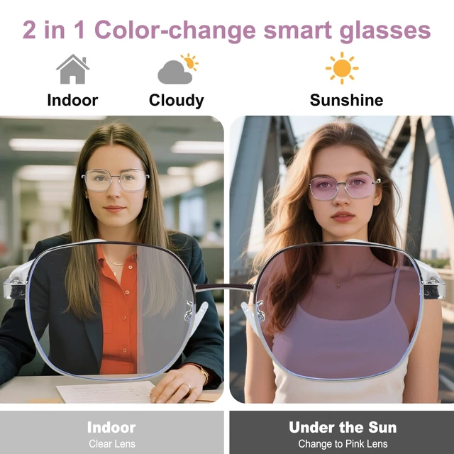 Alt view image 3 of 7 - AI Smart Glasses, Bluetooth Audio Glasses with Photochromic Sunglasses Photochromic lenses automatically adjust to light changes with open-ear speakers for commuting, driving,travel and daily wear